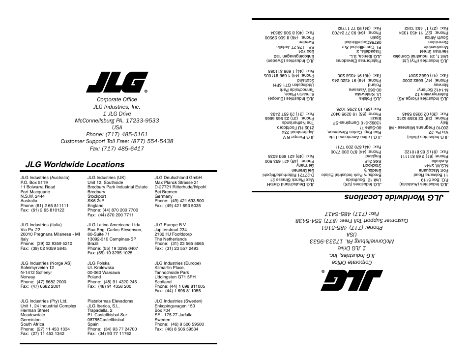Jlg worldwide locations, Jlg wo rld wide l oca tions | SkyTrak 10054 Operation Manual User Manual | Page 200 / 200