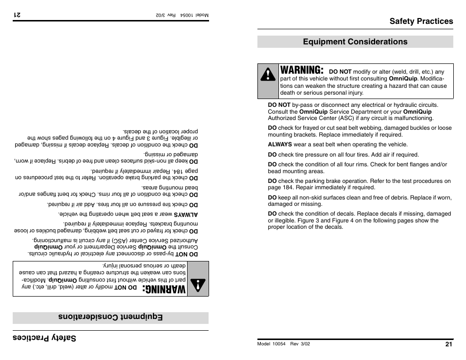 Wa rning, Warning, Safetypr actices | Equipme nt cons ideratio ns, Safety practices, Equipment considerations | SkyTrak 10054 Operation Manual User Manual | Page 23 / 200