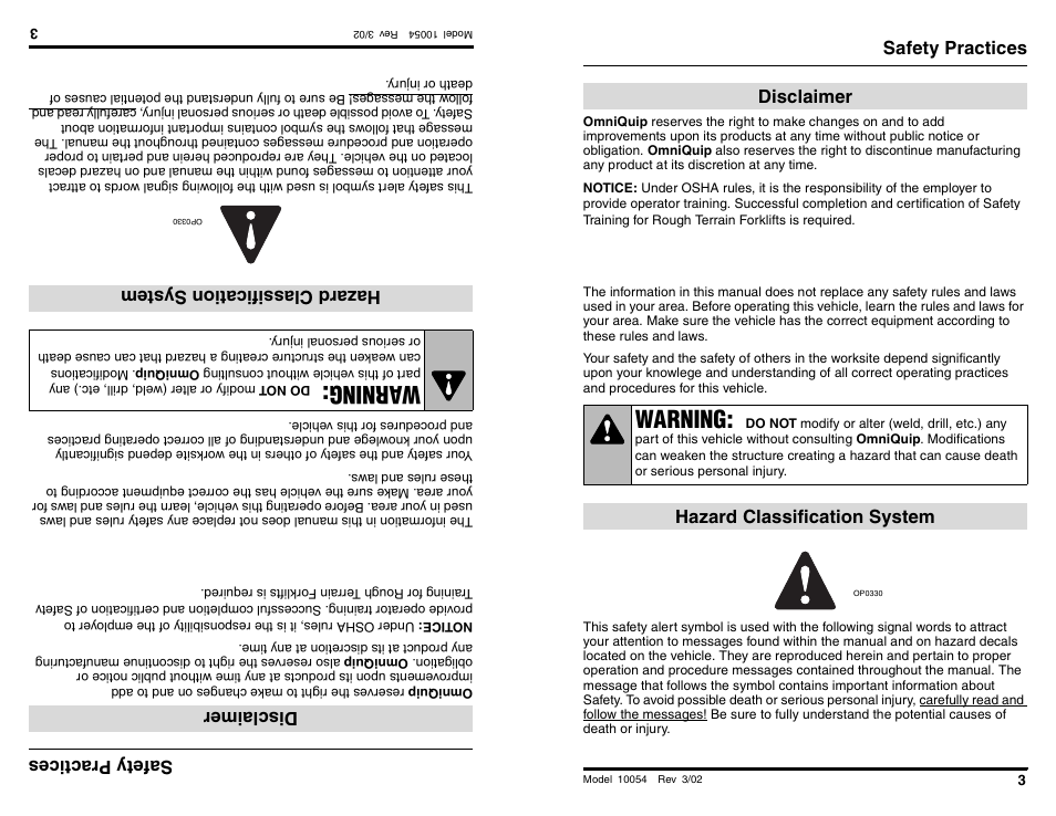 Safety practices, Wa rning, Warning | Safetypr actices, Discla imer, Hazardcl assific atio nsyste m, Disclaimer, Hazard classification system | SkyTrak 10054 Operation Manual User Manual | Page 5 / 200