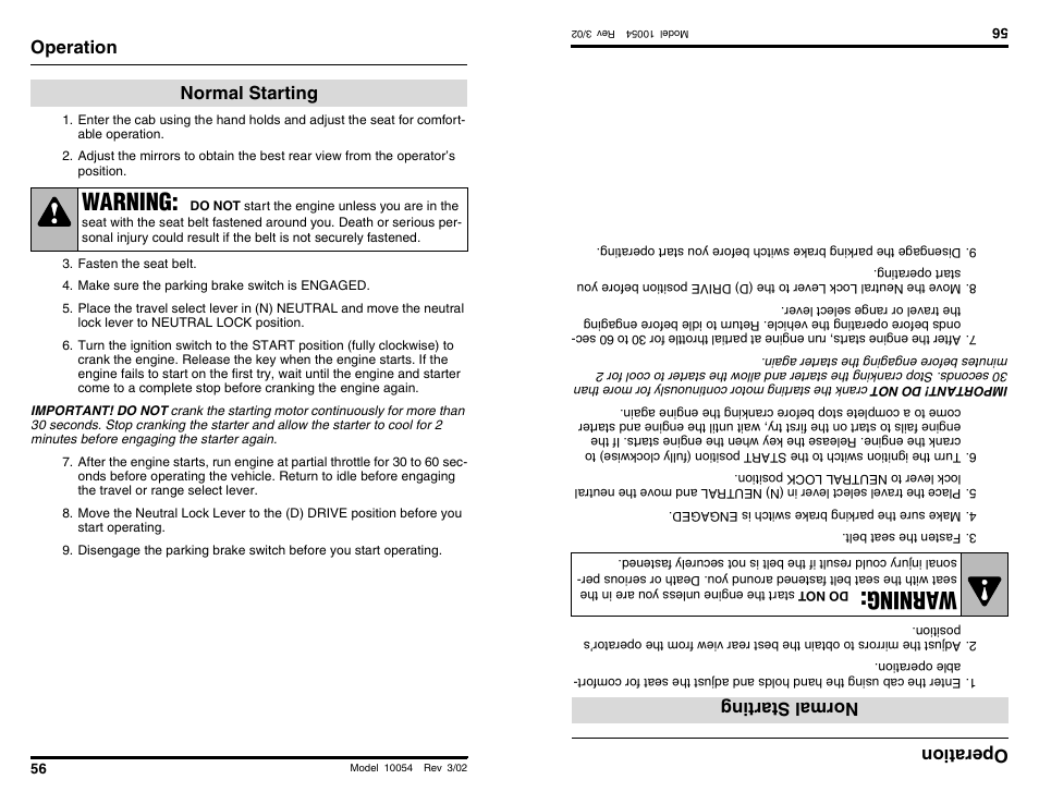 Warning, Wa rning, Operation | Normal starting, Operati on, No rmals tarting | SkyTrak 10054 Operation Manual User Manual | Page 58 / 200