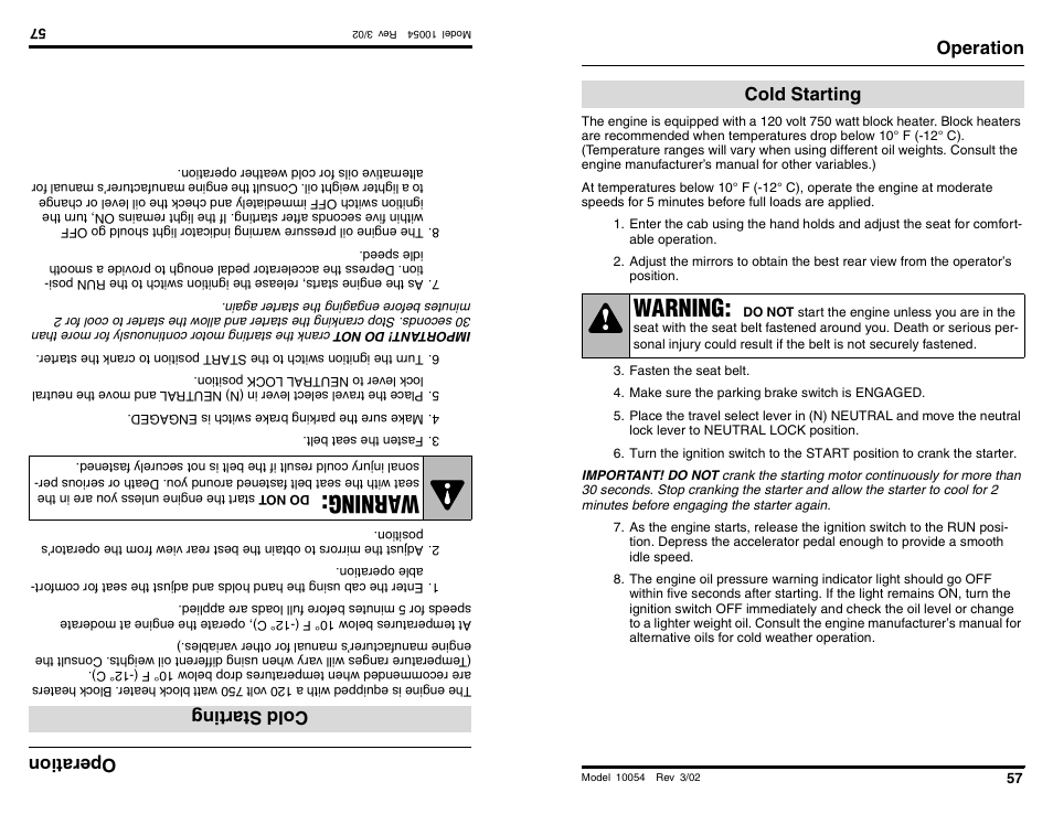 Wa rning, Warning, Oper ati on | Coldstartin g, Operation, Cold starting | SkyTrak 10054 Operation Manual User Manual | Page 59 / 200