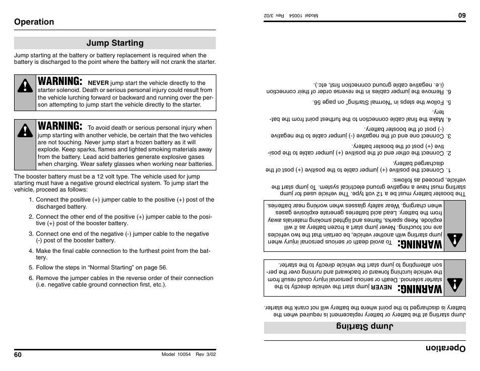 Warning, Wa rning, Operation | Jump starting, Operati on, Jumpstar tin g | SkyTrak 10054 Operation Manual User Manual | Page 62 / 200