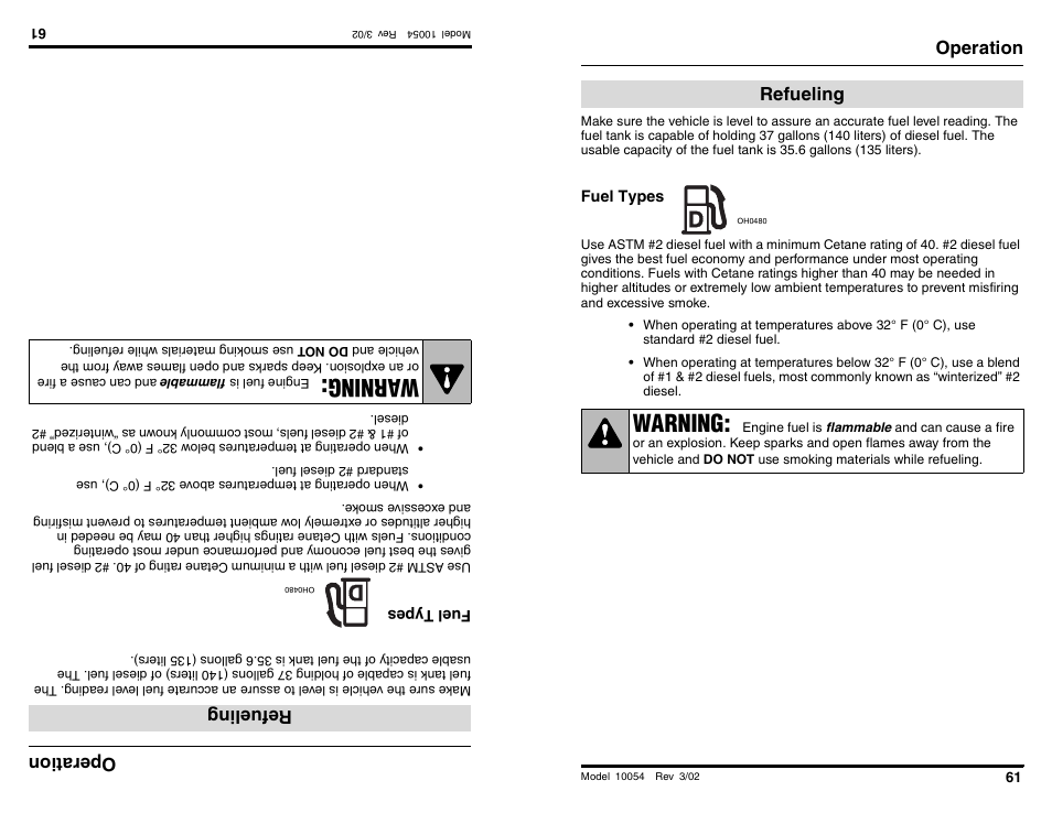 Wa rning, Warning, Oper ati on | Refueling, Operation | SkyTrak 10054 Operation Manual User Manual | Page 63 / 200