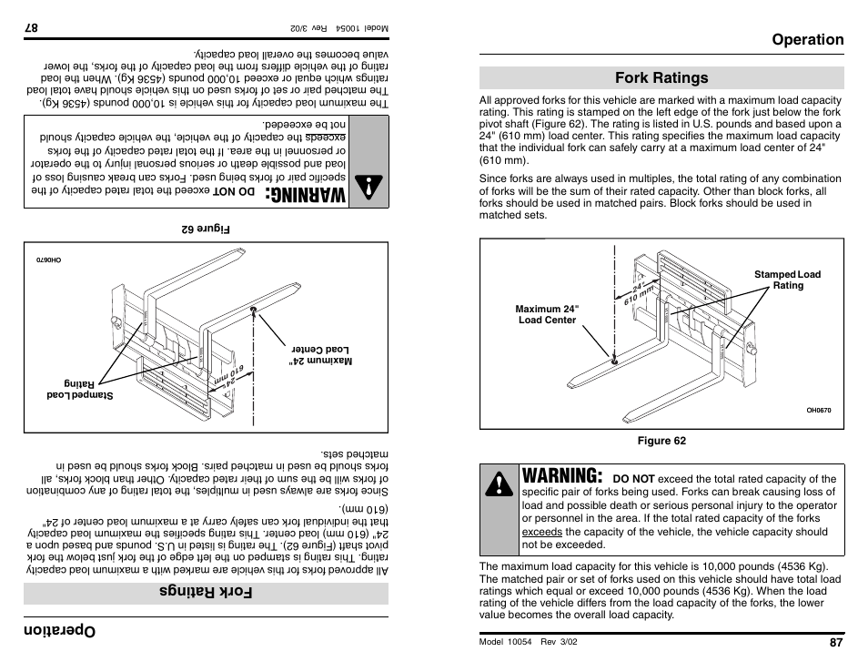 Wa rning, Warning, Oper ati on | Fork ratings, Operation | SkyTrak 10054 Operation Manual User Manual | Page 89 / 200