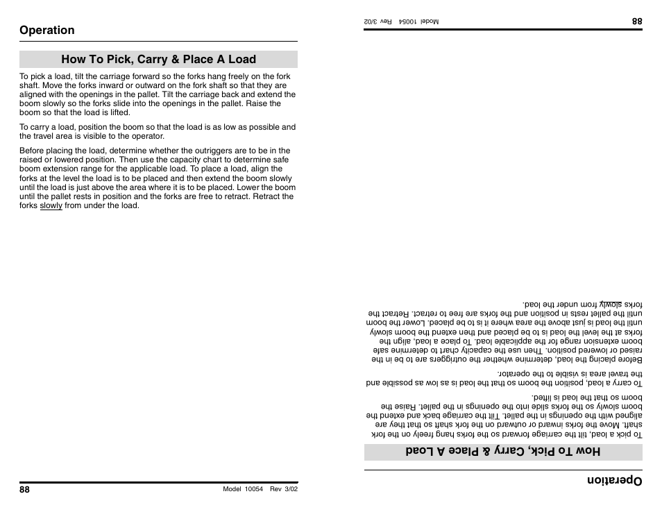 Operation, How to pick, carry & place a load, Operati on | Howt opi ck,carry &p lace al oad | SkyTrak 10054 Operation Manual User Manual | Page 90 / 200