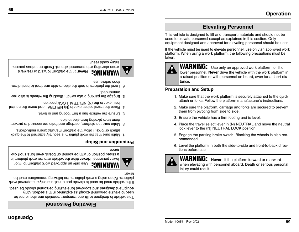 Wa rning, Warning, Oper ati on | Elevati ng person nel, Operation, Elevating personnel | SkyTrak 10054 Operation Manual User Manual | Page 91 / 200