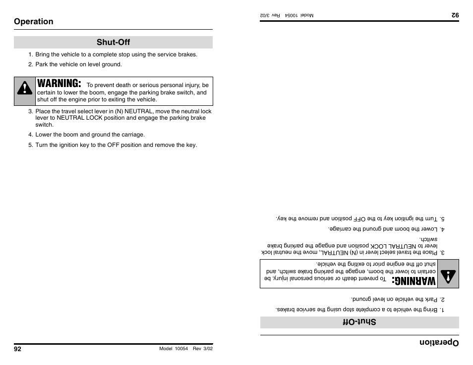 Warning, Wa rning, Operation | Shut-off, Operati on, Sh ut-off | SkyTrak 10054 Operation Manual User Manual | Page 94 / 200