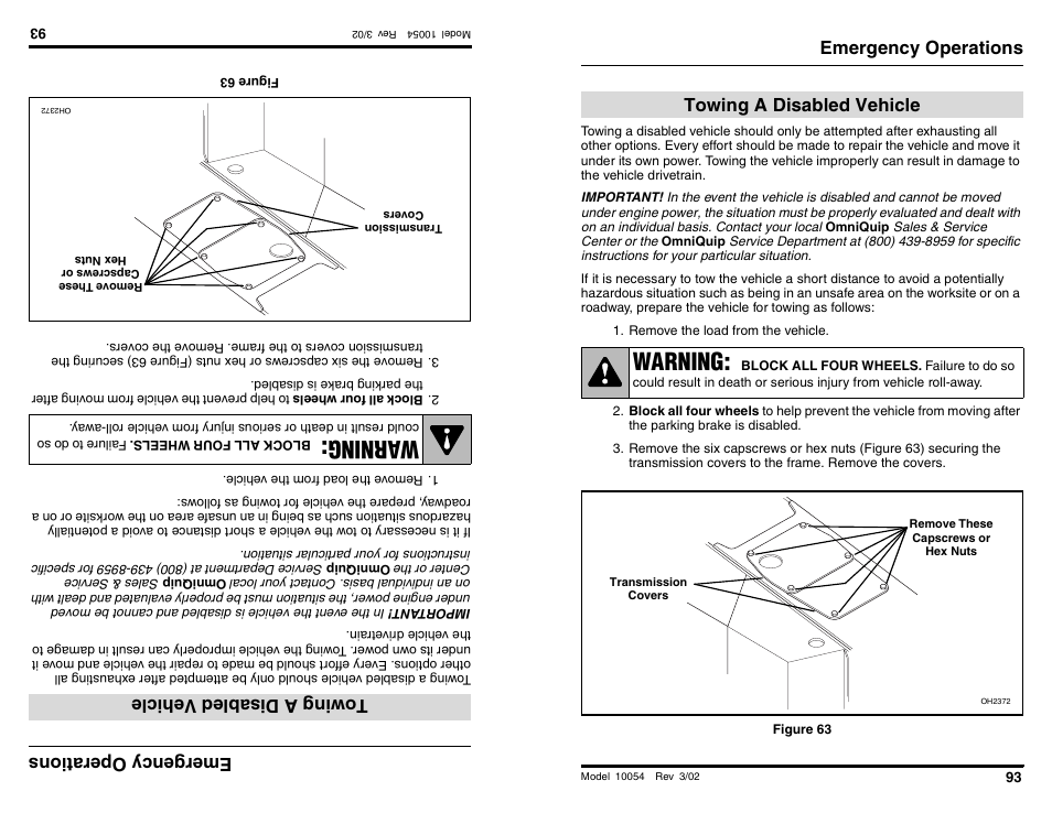 Emergency operations, Wa rning, Warning | Emer gency ope ra tio ns, Towing adis ab led vehicle, Towing a disabled vehicle | SkyTrak 10054 Operation Manual User Manual | Page 95 / 200