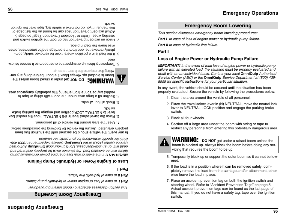 Wa rning, Warning, Emer gency ope ra tio ns | Emerge ncy boomlow ering, Emergency operations, Emergency boom lowering | SkyTrak 10054 Operation Manual User Manual | Page 97 / 200