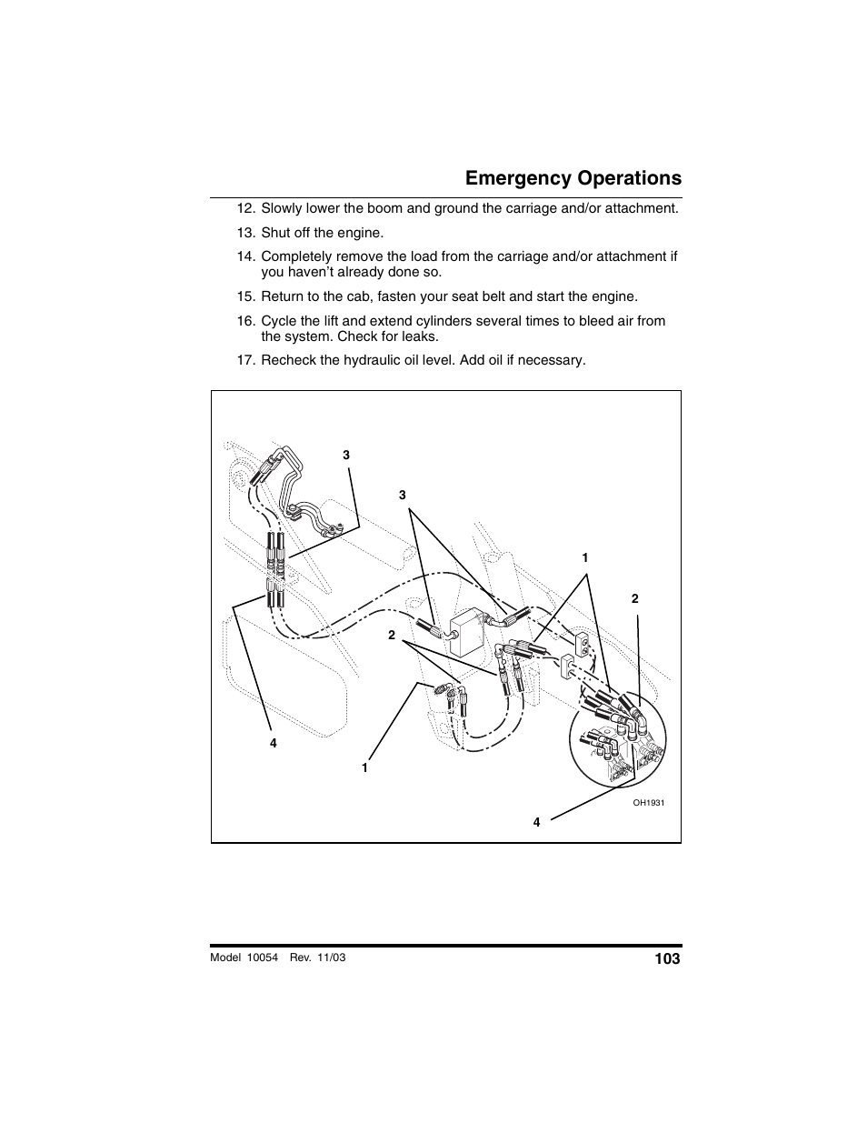 Shut off the engine, Emergency operations | SkyTrak 10054 Operation Manual User Manual | Page 105 / 208
