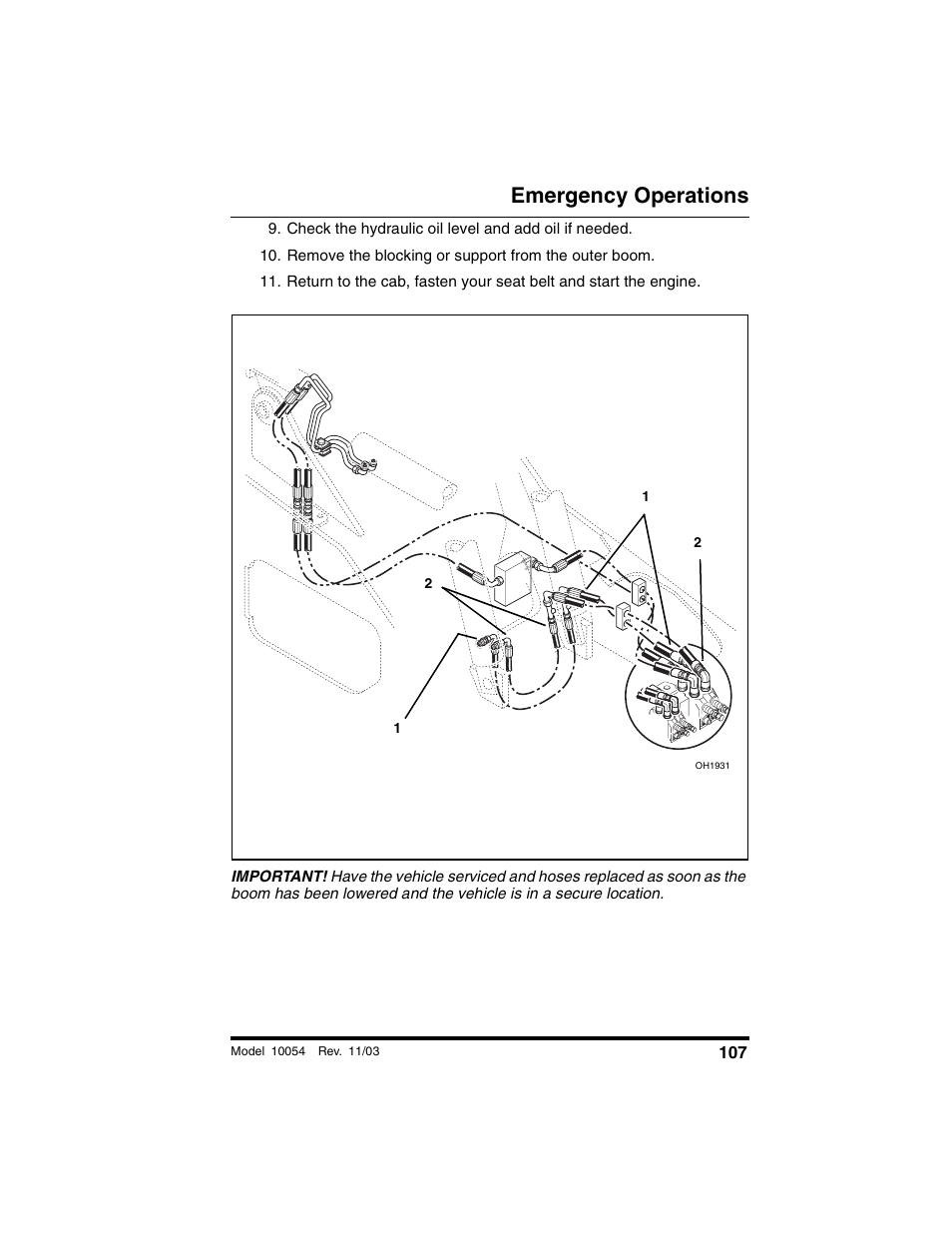 Remove the blocking or support from the outer boom, Emergency operations | SkyTrak 10054 Operation Manual User Manual | Page 109 / 208