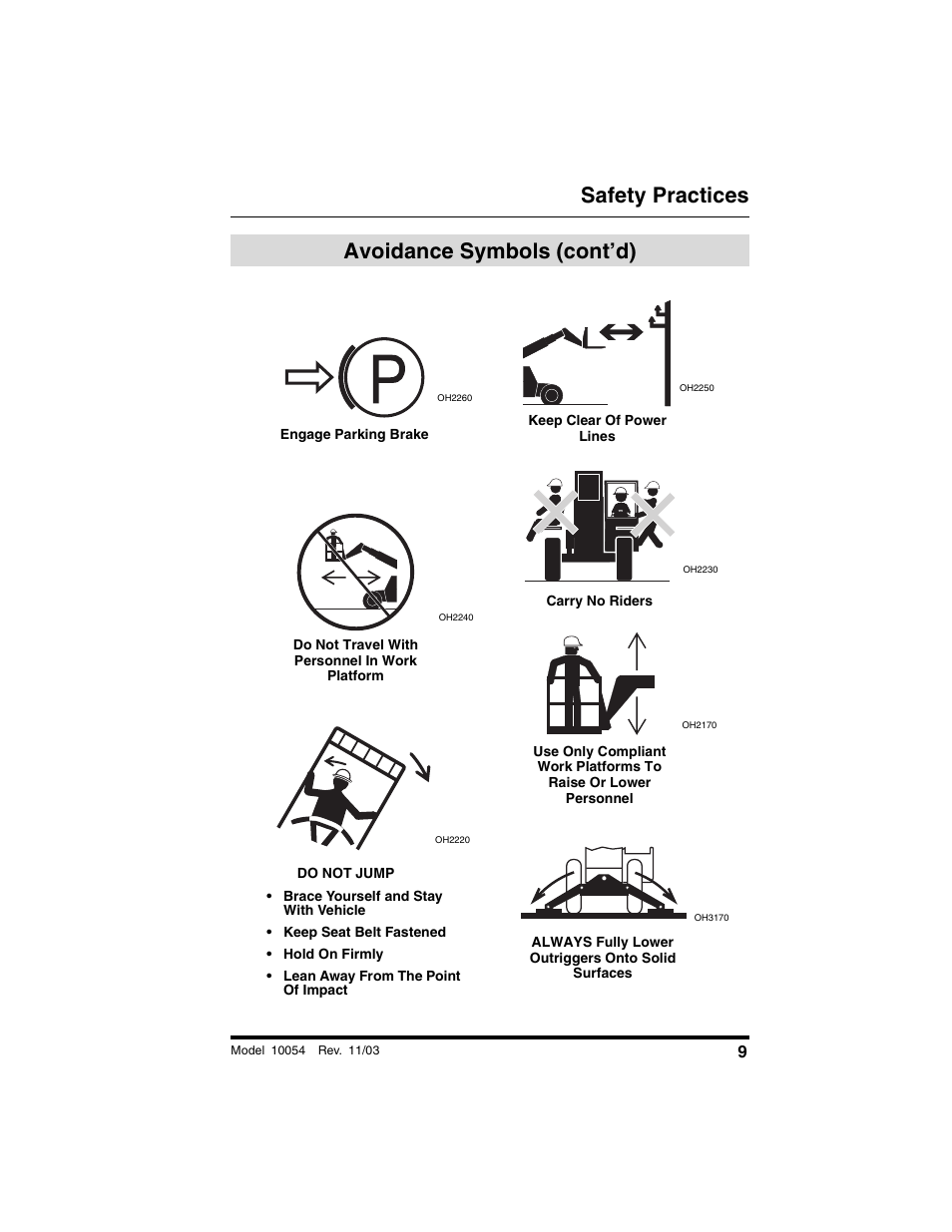 Avoidance symbols (cont’d), Safety practices | SkyTrak 10054 Operation Manual User Manual | Page 11 / 208
