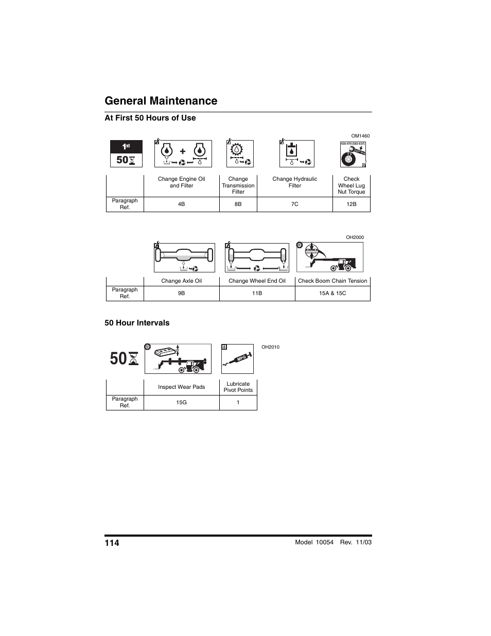 General maintenance, At first 50 hours of use 50 hour intervals | SkyTrak 10054 Operation Manual User Manual | Page 116 / 208