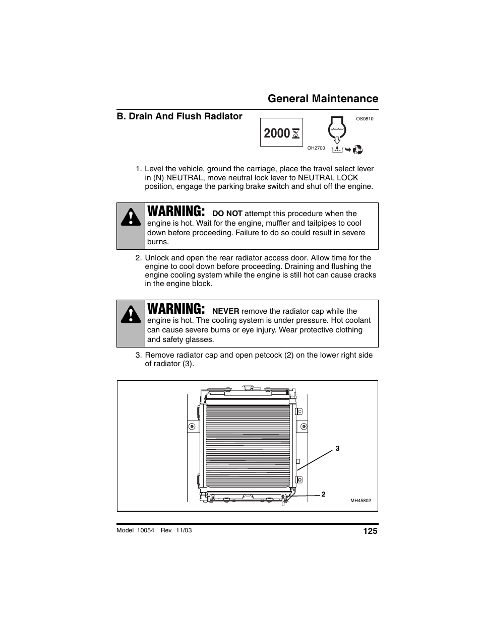 B. drain and flush radiator, Warning, General maintenance | SkyTrak 10054 Operation Manual User Manual | Page 127 / 208