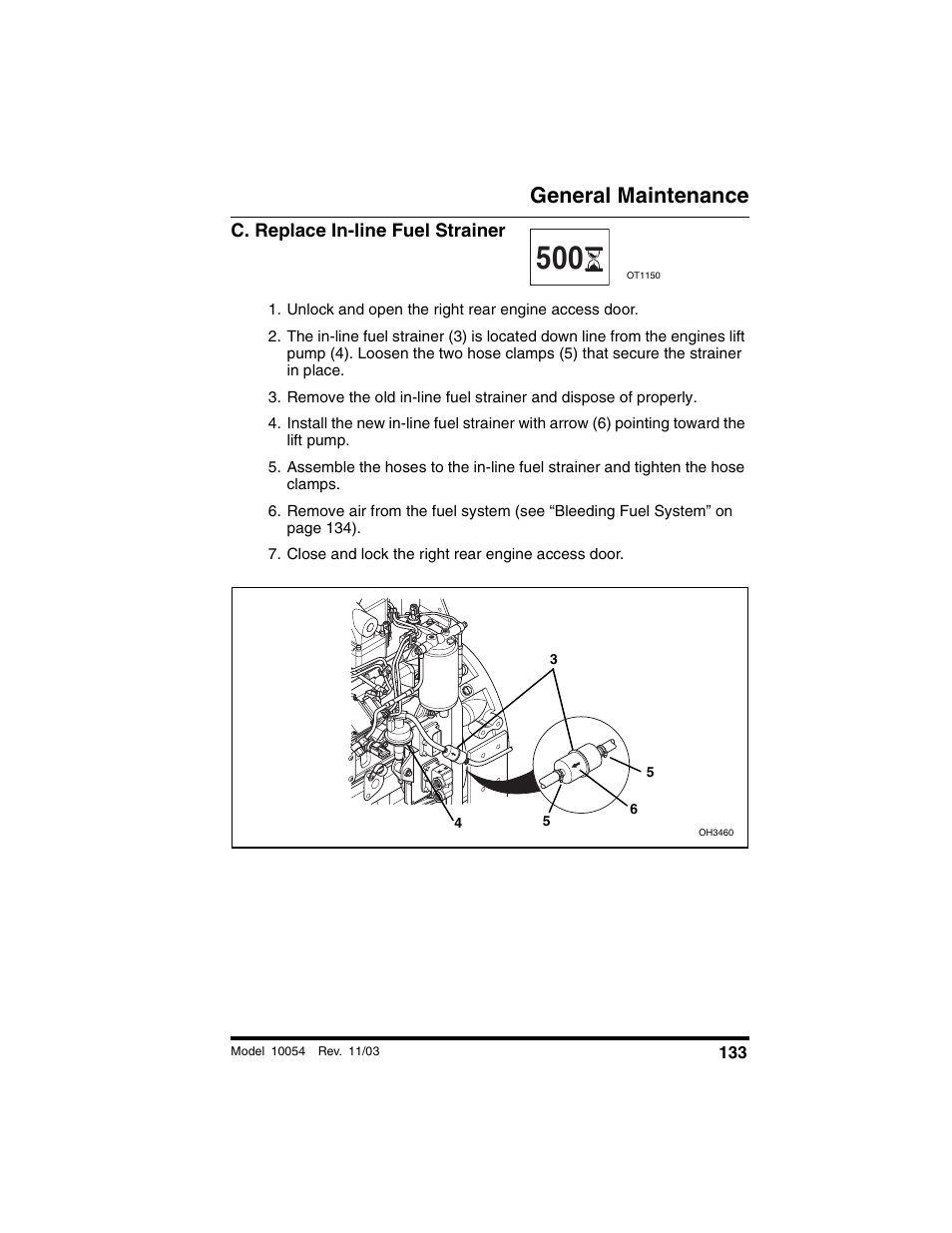 C. replace in-line fuel strainer, Unlock and open the right rear engine access door, Close and lock the right rear engine access door | General maintenance | SkyTrak 10054 Operation Manual User Manual | Page 135 / 208