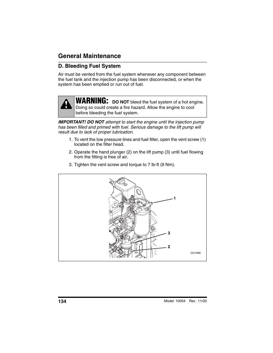 D. bleeding fuel system, Warning, General maintenance | SkyTrak 10054 Operation Manual User Manual | Page 136 / 208