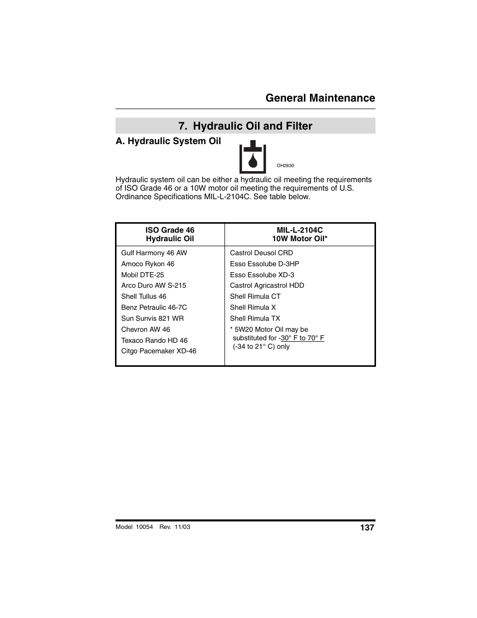  hydraulic oil and filter, A. hydraulic system oil, Iso grade 46 hydraulic oil | Mil-l-2104c 10w motor oil, Gulf harmony 46 aw, Amoco rykon 46, Mobil dte-25, Arco duro aw s-215, Shell tullus 46, Benz petraulic 46-7c | SkyTrak 10054 Operation Manual User Manual | Page 139 / 208