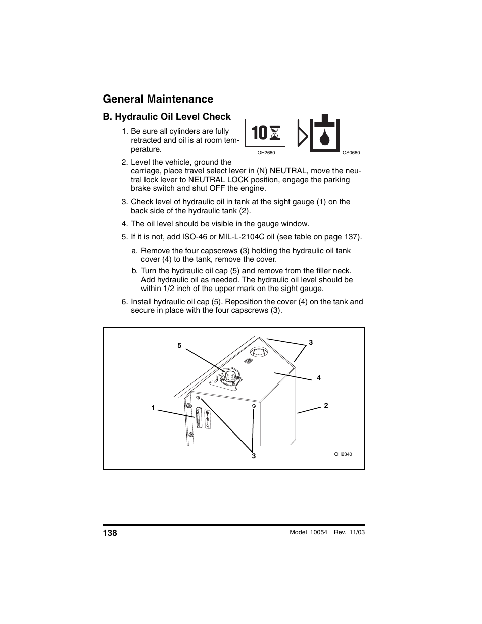 B. hydraulic oil level check, General maintenance | SkyTrak 10054 Operation Manual User Manual | Page 140 / 208