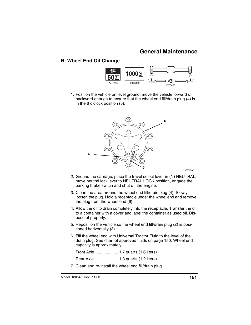 B. wheel end oil change, Clean and re-install the wheel end fill/drain plug, General maintenance | SkyTrak 10054 Operation Manual User Manual | Page 153 / 208