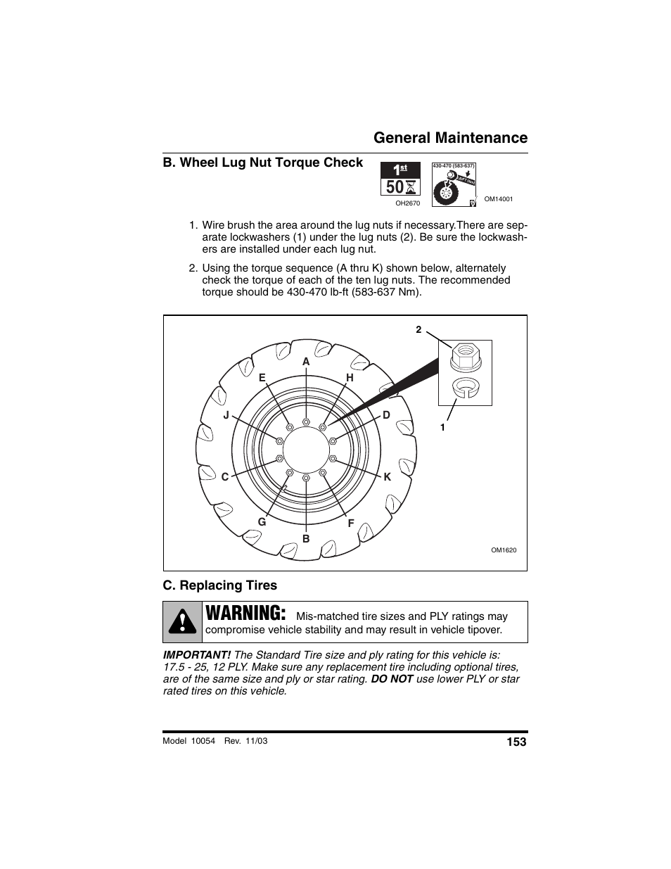 B. wheel lug nut torque check, C. replacing tires, Warning | General maintenance | SkyTrak 10054 Operation Manual User Manual | Page 155 / 208