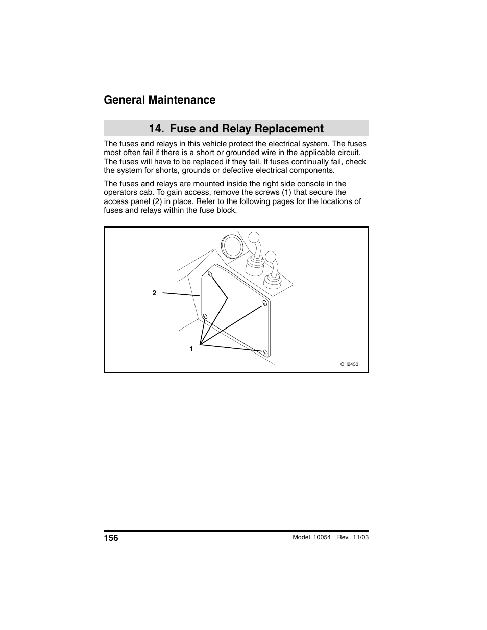  fuse and relay replacement, Fuse and relay, Replacement | General maintenance, Fuse and relay replacement | SkyTrak 10054 Operation Manual User Manual | Page 158 / 208
