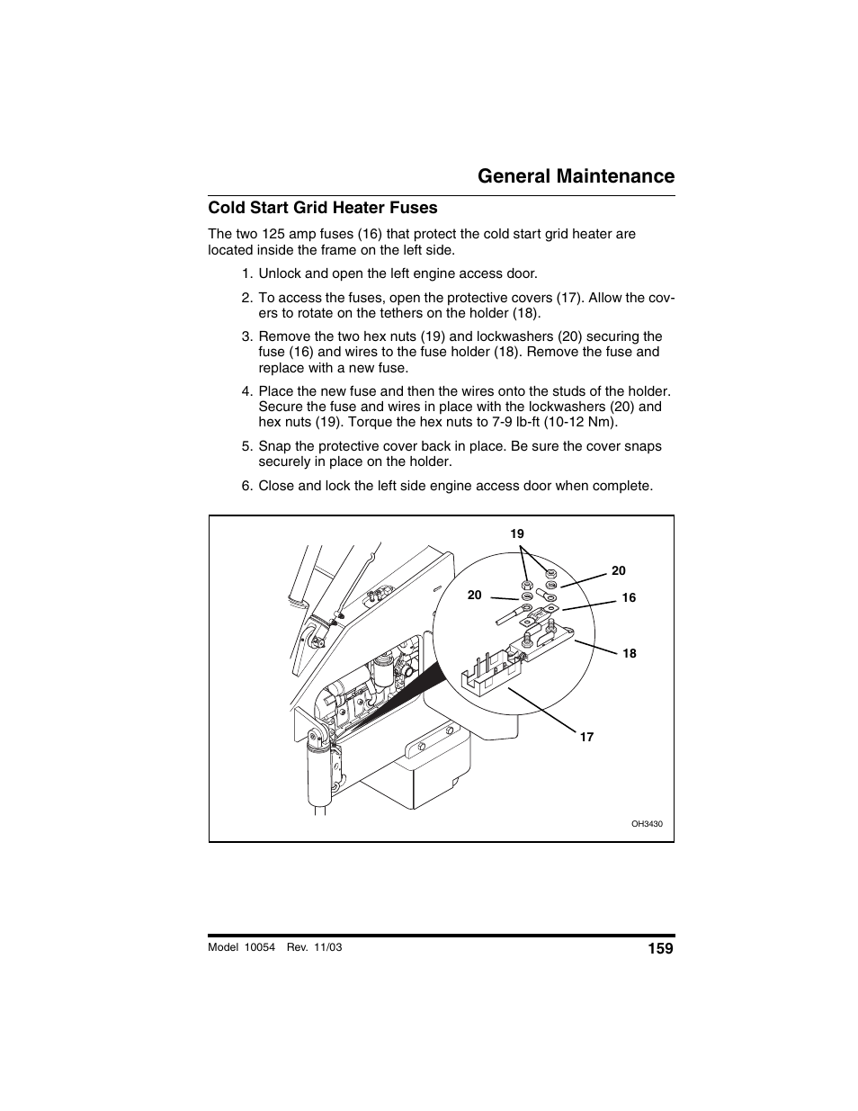 Cold start grid heater fuses, Unlock and open the left engine access door, General maintenance | SkyTrak 10054 Operation Manual User Manual | Page 161 / 208