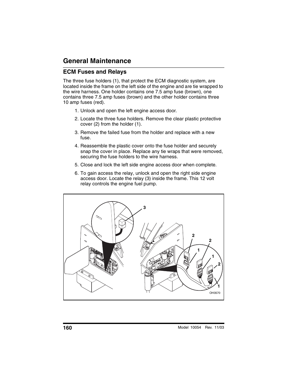 Ecm fuses and relays, Unlock and open the left engine access door, General maintenance | SkyTrak 10054 Operation Manual User Manual | Page 162 / 208