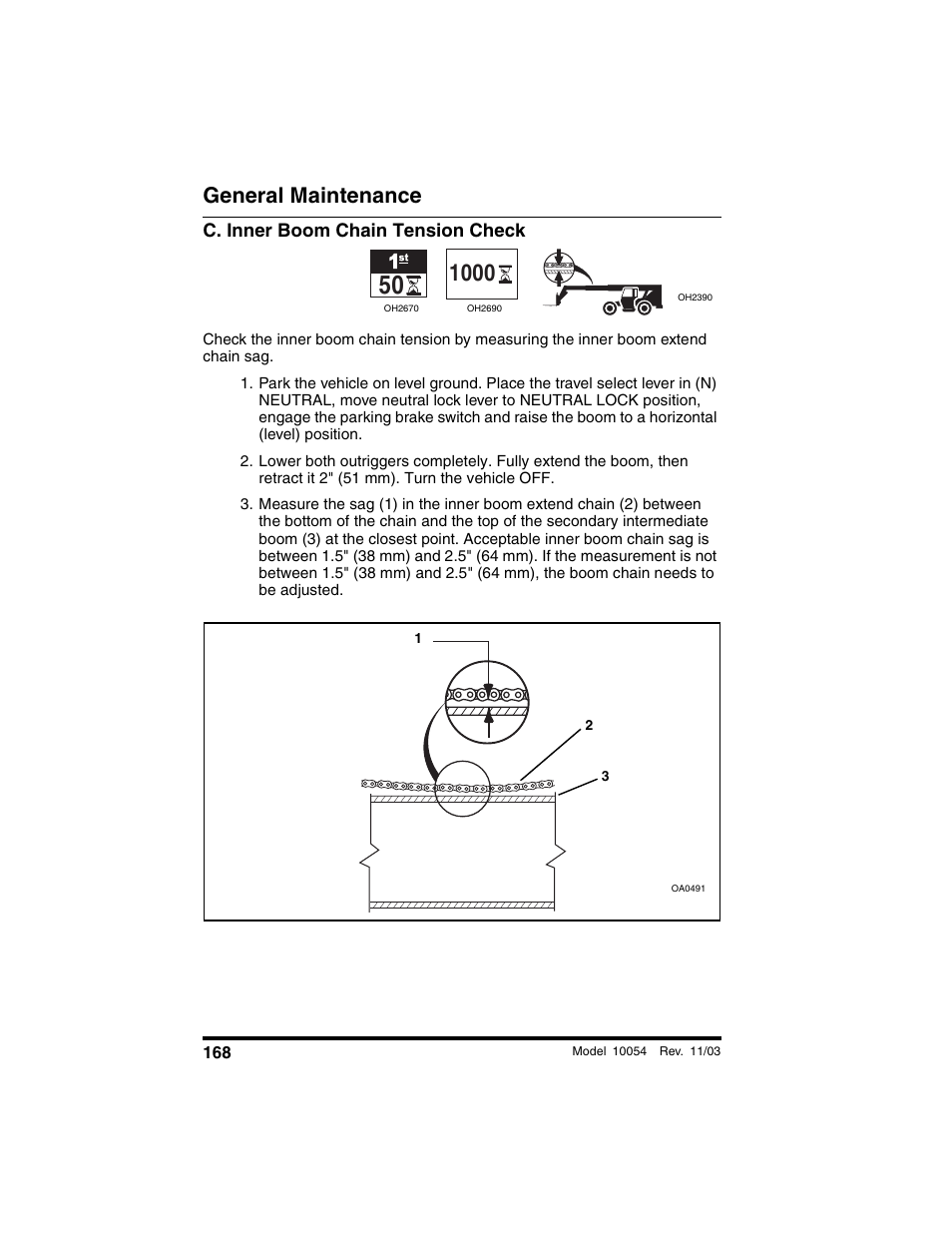 C. inner boom chain tension check, General maintenance | SkyTrak 10054 Operation Manual User Manual | Page 170 / 208