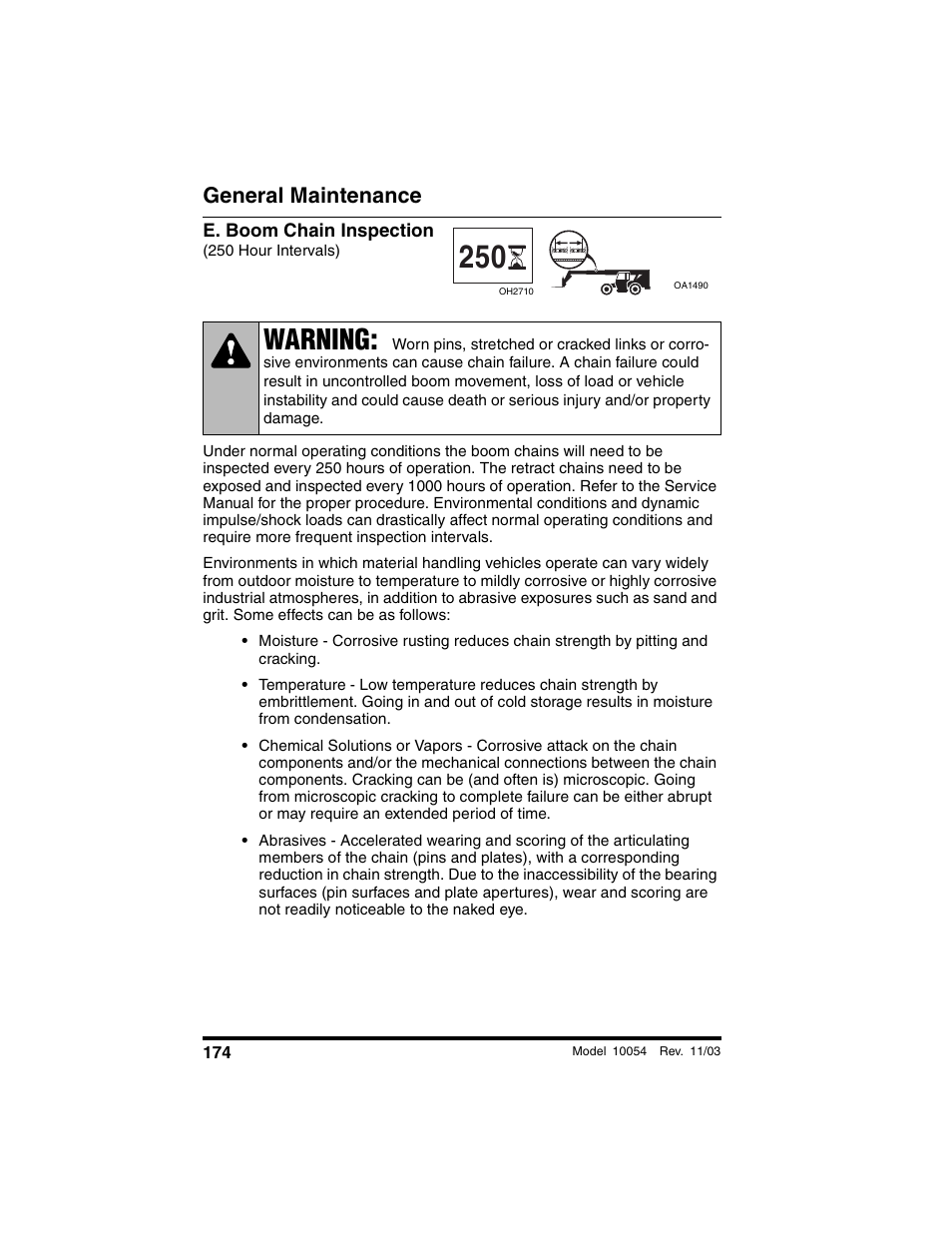 E. boom chain inspection, 250 hour intervals), Warning | General maintenance | SkyTrak 10054 Operation Manual User Manual | Page 176 / 208