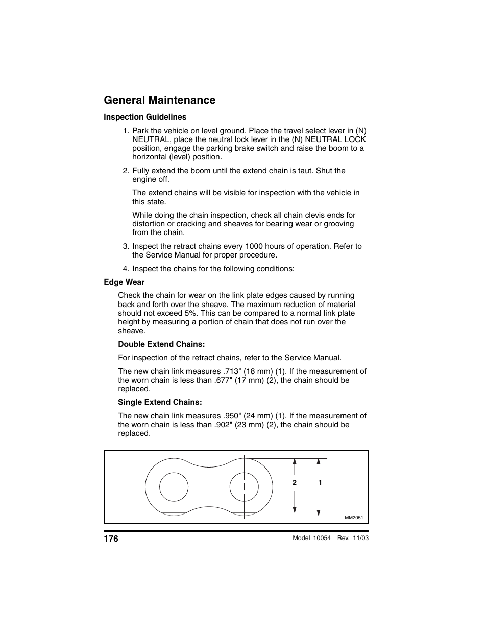 Inspect the chains for the following conditions, Double extend chains, Single extend chains | General maintenance | SkyTrak 10054 Operation Manual User Manual | Page 178 / 208