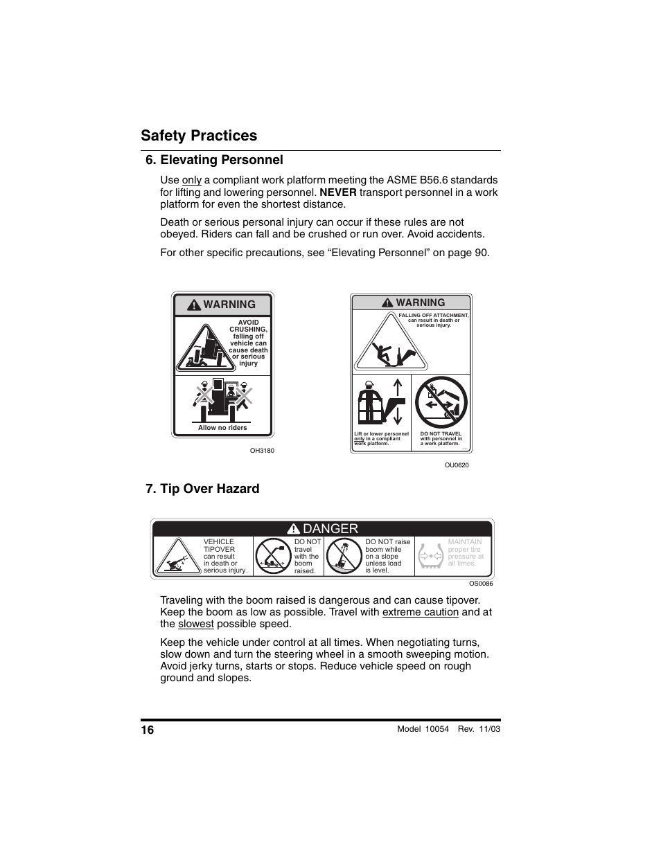 Elevating personnel, Tip over hazard, Safety practices | Danger | SkyTrak 10054 Operation Manual User Manual | Page 18 / 208