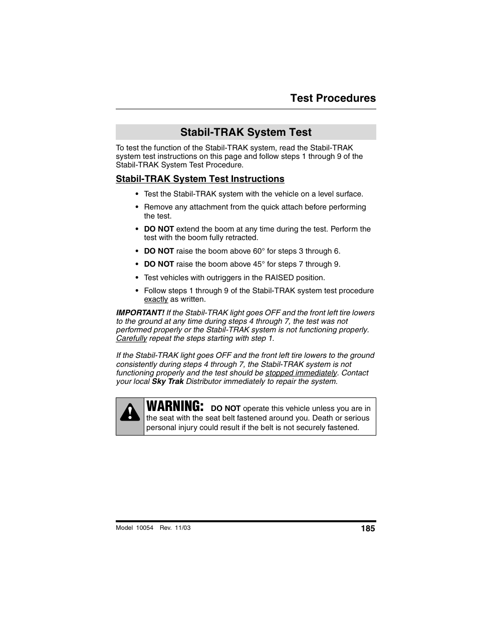Test procedures, Stabil-trak system test, Stabil-trak system test instructions | Warning | SkyTrak 10054 Operation Manual User Manual | Page 187 / 208