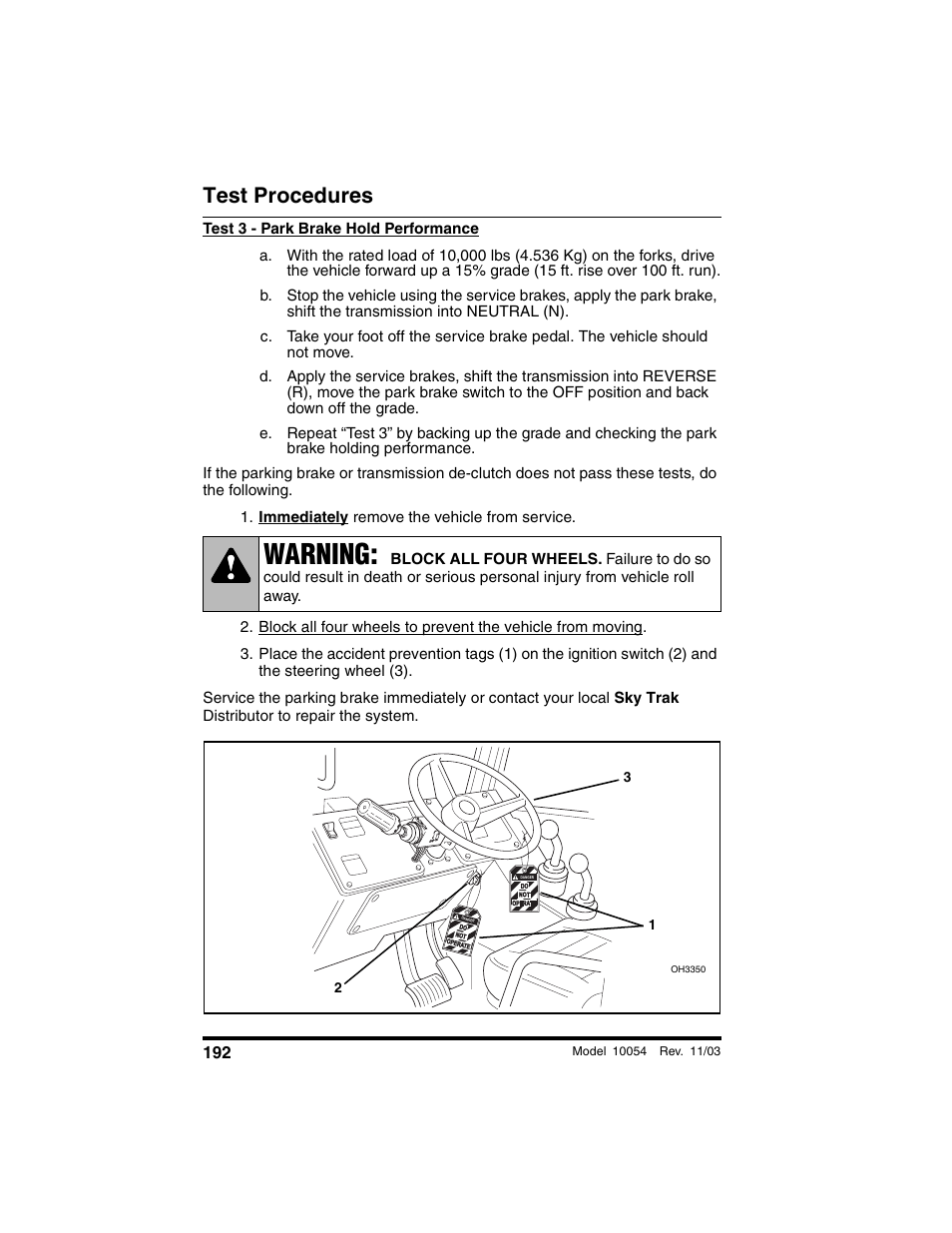 Immediately remove the vehicle from service, Warning, Test procedures | SkyTrak 10054 Operation Manual User Manual | Page 194 / 208