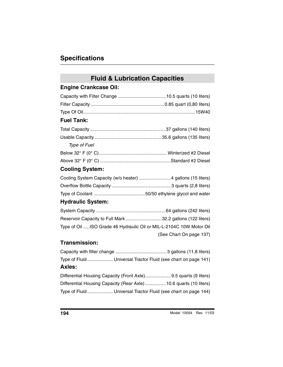 Specifications, Fluid & lubrication capacities, Engine crankcase oil | Fuel tank, Cooling system, Hydraulic system, Transmission, Axles | SkyTrak 10054 Operation Manual User Manual | Page 196 / 208