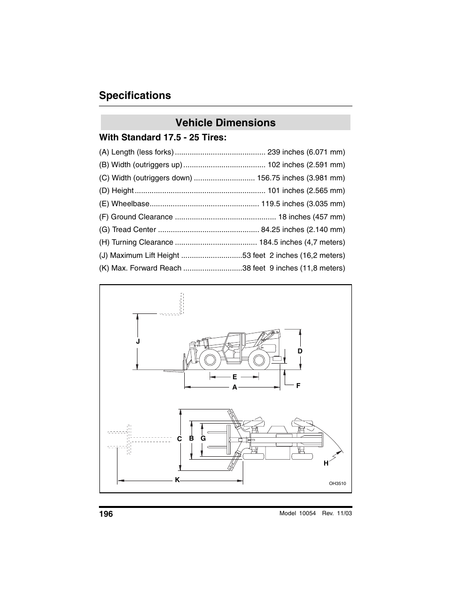 Vehicle dimensions, With standard 17.5 - 25 tires, Specifications | SkyTrak 10054 Operation Manual User Manual | Page 198 / 208