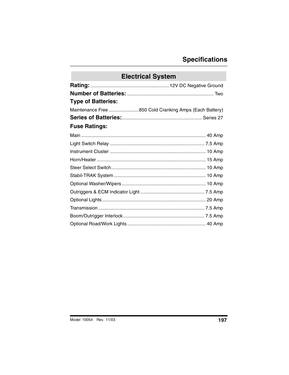 Electrical system, Fuse ratings, Specifications | SkyTrak 10054 Operation Manual User Manual | Page 199 / 208