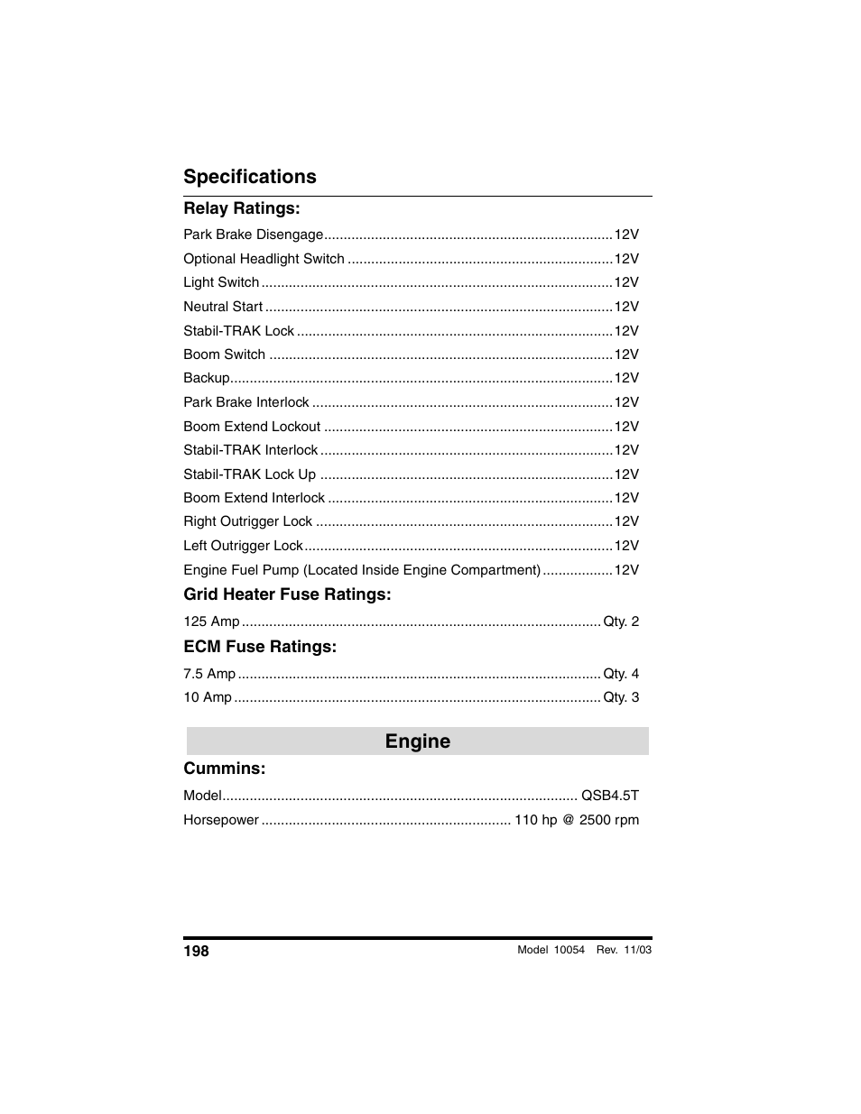 Relay ratings, Grid heater fuse ratings, Ecm fuse ratings | Engine, Cummins, Specifications | SkyTrak 10054 Operation Manual User Manual | Page 200 / 208
