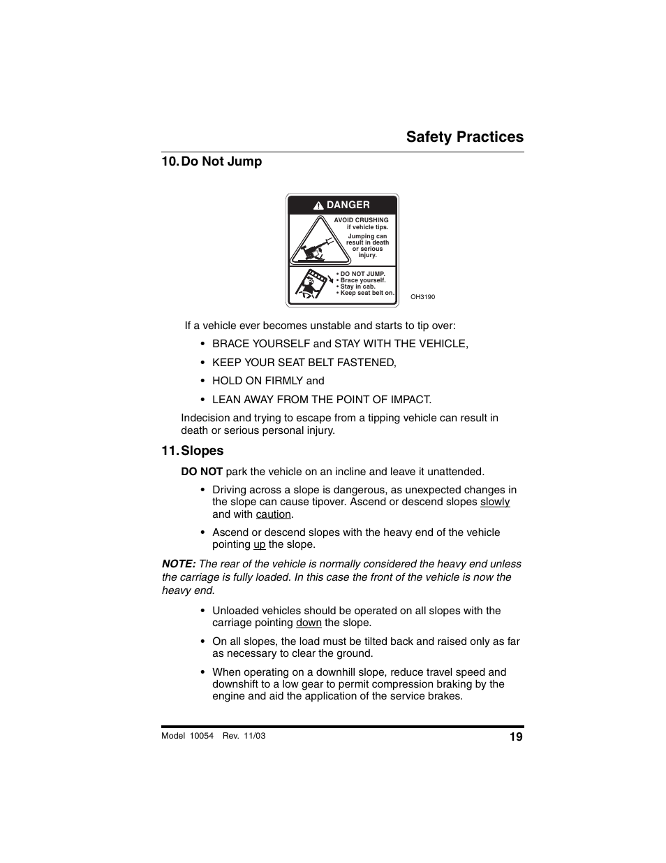 Do not jump, Slopes, Safety practices | SkyTrak 10054 Operation Manual User Manual | Page 21 / 208