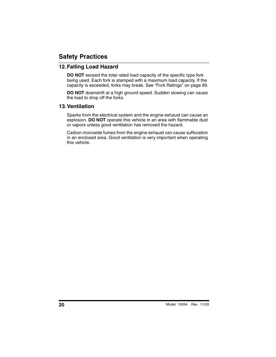 Falling load hazard, Ventilation, Safety practices | SkyTrak 10054 Operation Manual User Manual | Page 22 / 208
