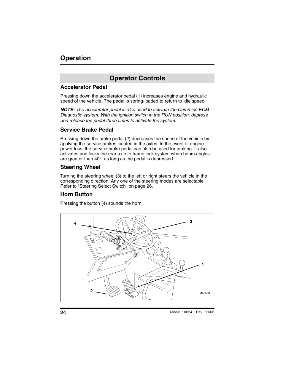 Operation, Operator controls, Accelerator pedal | Service brake pedal, Steering wheel, Horn button | SkyTrak 10054 Operation Manual User Manual | Page 26 / 208