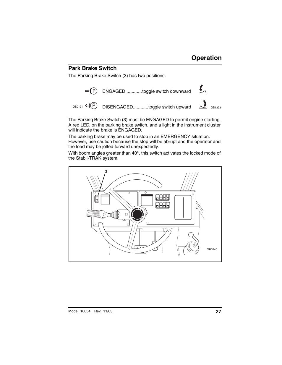 Park brake switch, Operation | SkyTrak 10054 Operation Manual User Manual | Page 29 / 208