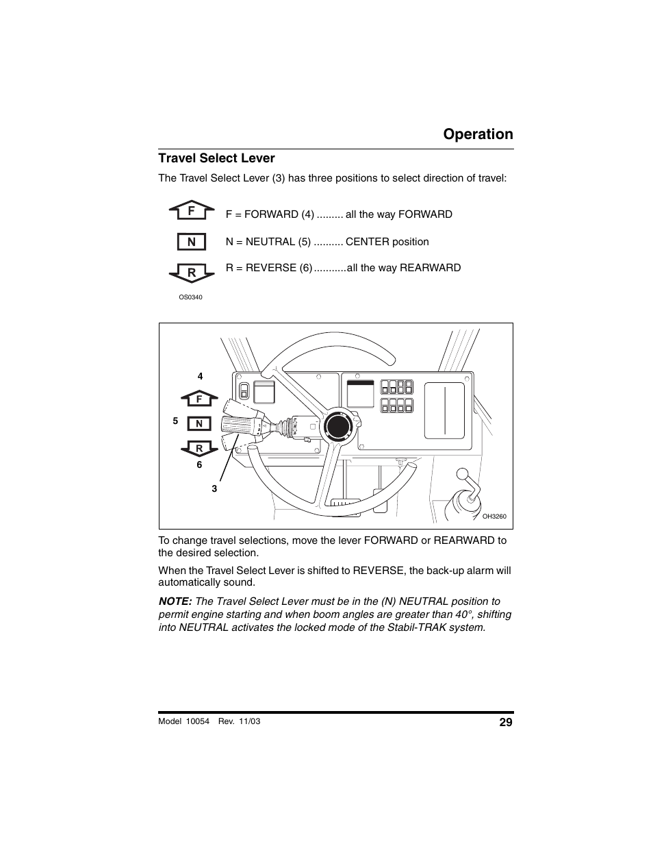 Travel select lever, Operation | SkyTrak 10054 Operation Manual User Manual | Page 31 / 208