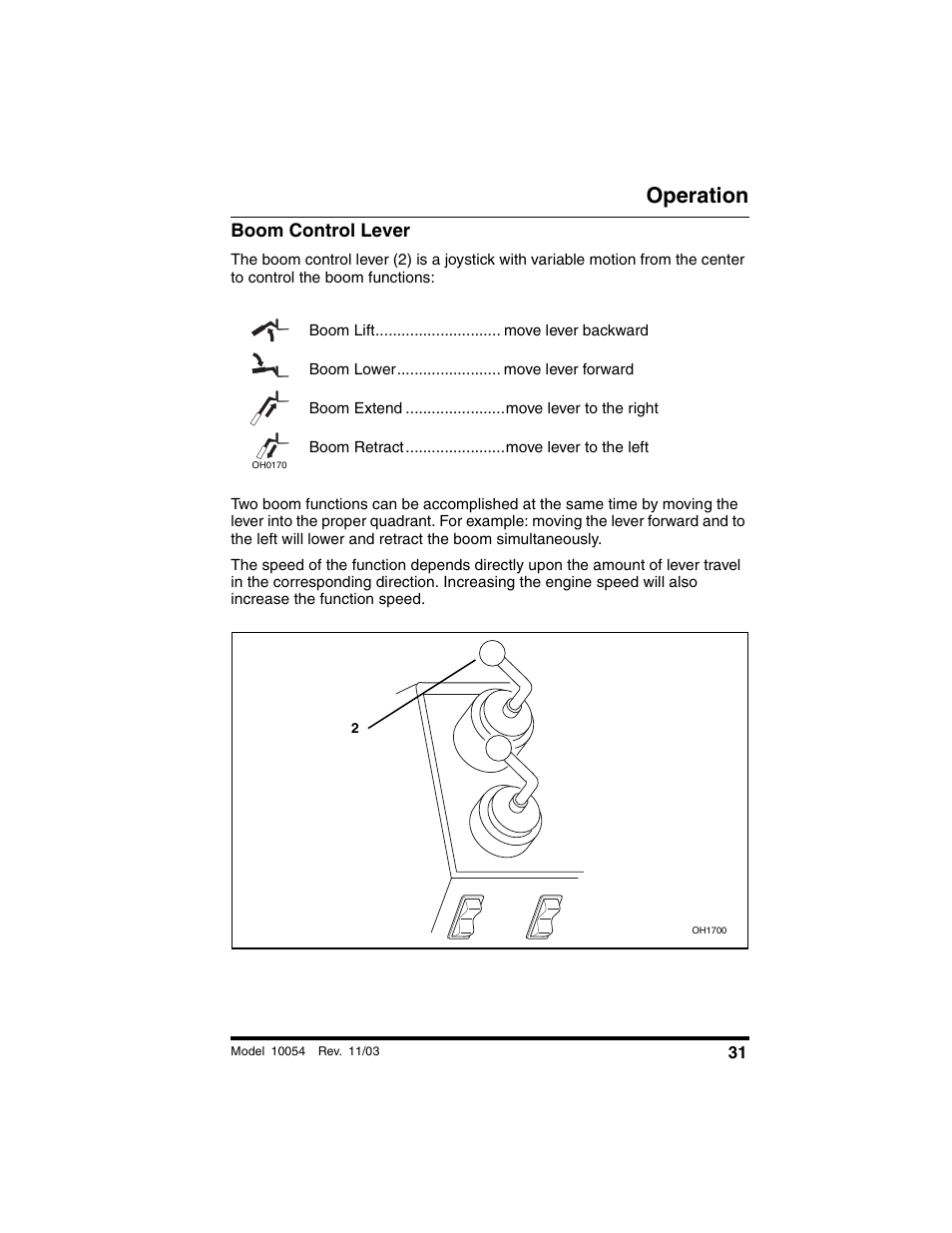 Boom control lever, Operation | SkyTrak 10054 Operation Manual User Manual | Page 33 / 208