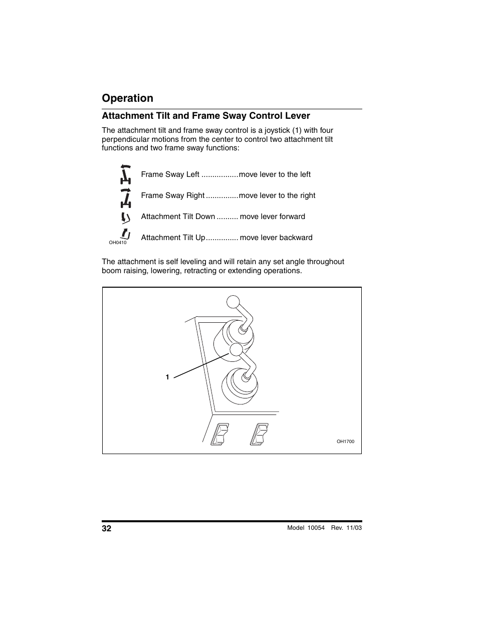 Attachment tilt and frame sway control lever, Operation | SkyTrak 10054 Operation Manual User Manual | Page 34 / 208