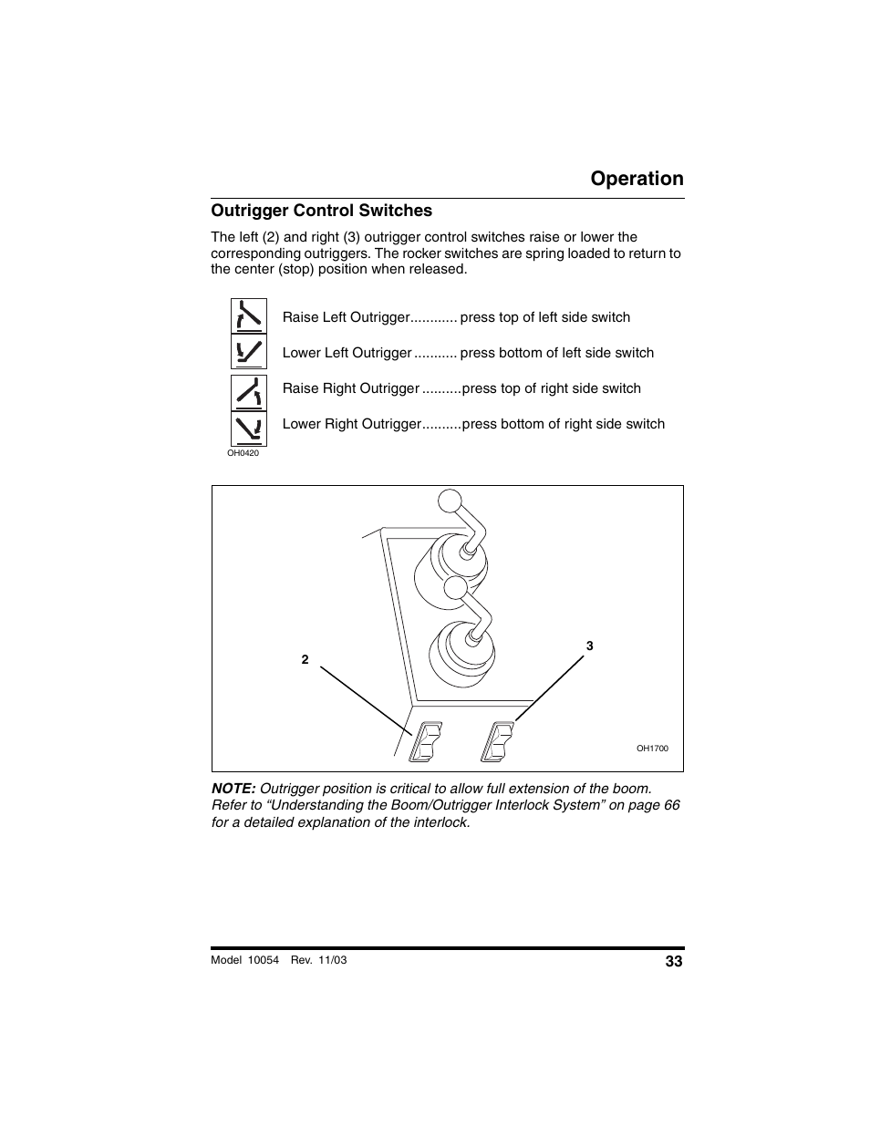 Outrigger control switches, Operation | SkyTrak 10054 Operation Manual User Manual | Page 35 / 208