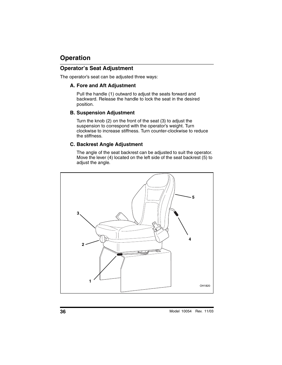 Operator’s seat adjustment, A. fore and aft adjustment, B. suspension adjustment | C. backrest angle adjustment, Operation | SkyTrak 10054 Operation Manual User Manual | Page 38 / 208