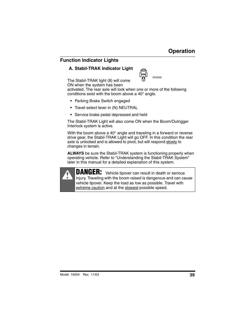 Function indicator lights, A. stabil-trak indicator light, Danger | Operation | SkyTrak 10054 Operation Manual User Manual | Page 41 / 208