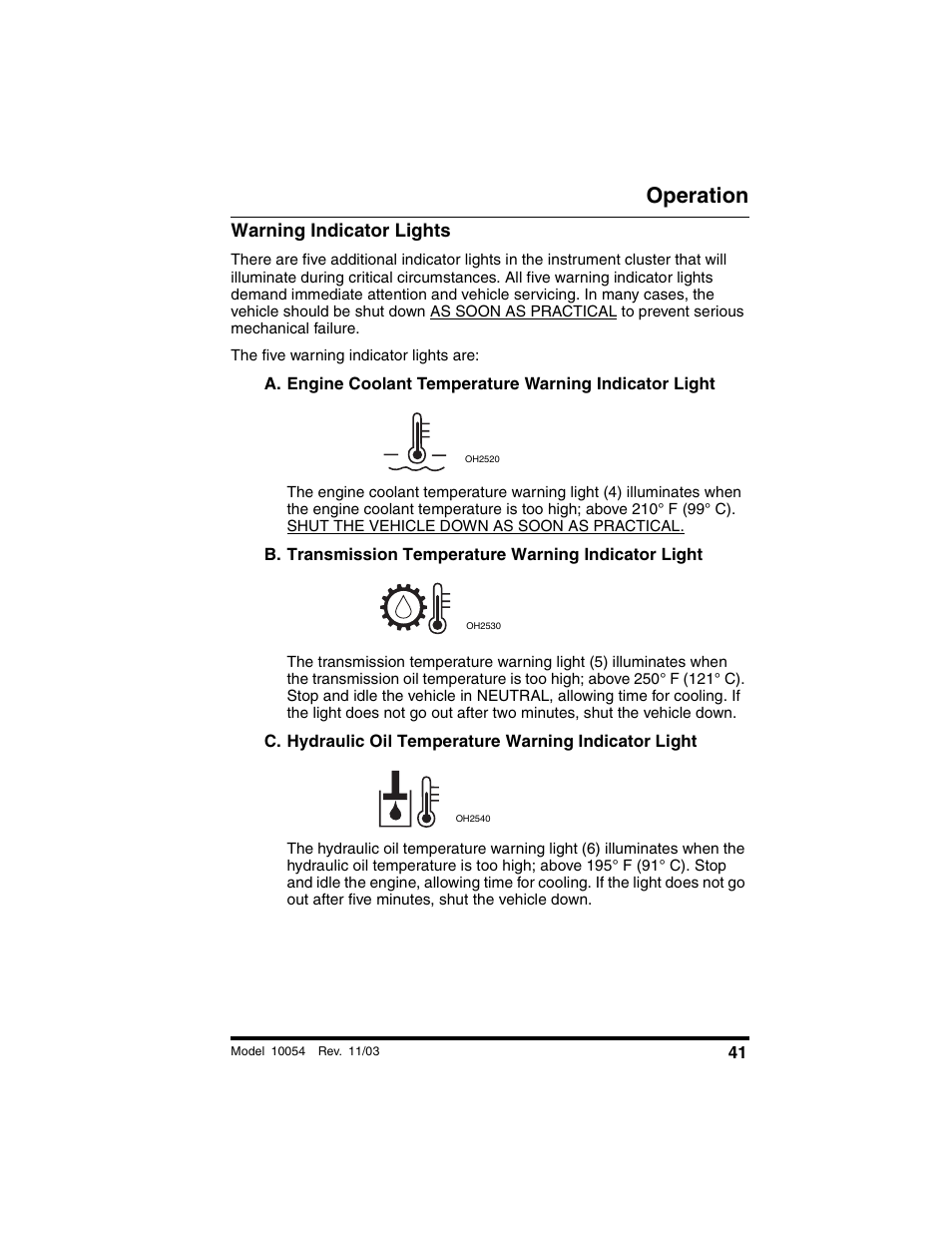 Warning indicator lights, Operation | SkyTrak 10054 Operation Manual User Manual | Page 43 / 208