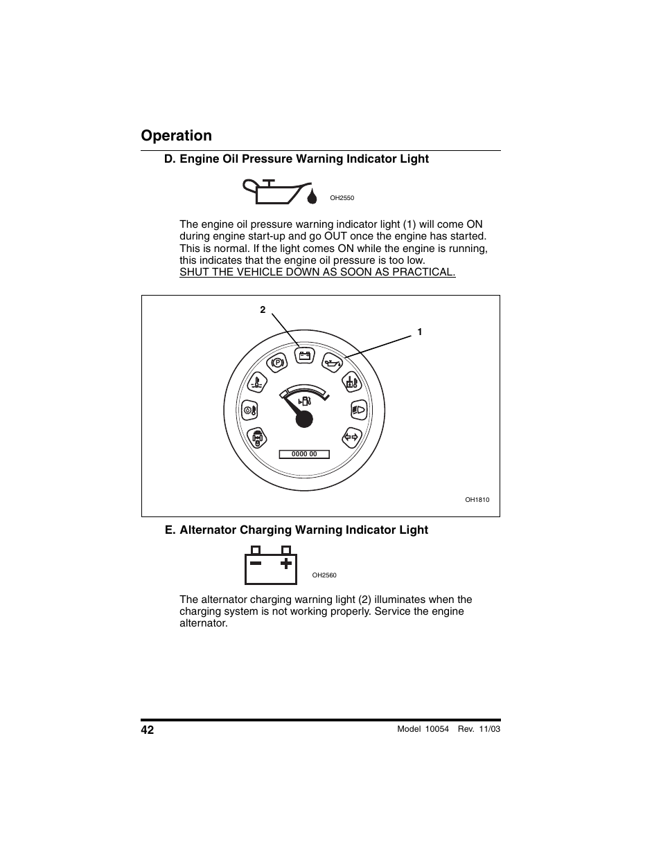 D. engine oil pressure warning indicator light, E. alternator charging warning indicator light, Operation | SkyTrak 10054 Operation Manual User Manual | Page 44 / 208