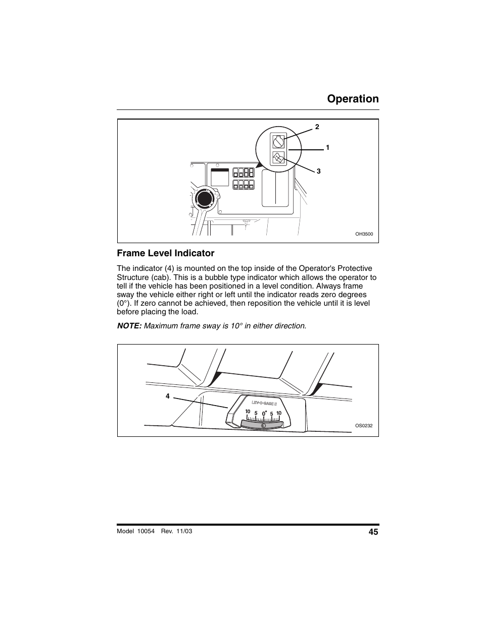 Frame level indicator, Operation | SkyTrak 10054 Operation Manual User Manual | Page 47 / 208